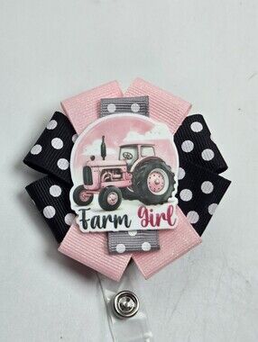 OOAK Handmade Pink Farm Girl Badge Reel Tractor Cowgirl Name Tag Holder Nurse